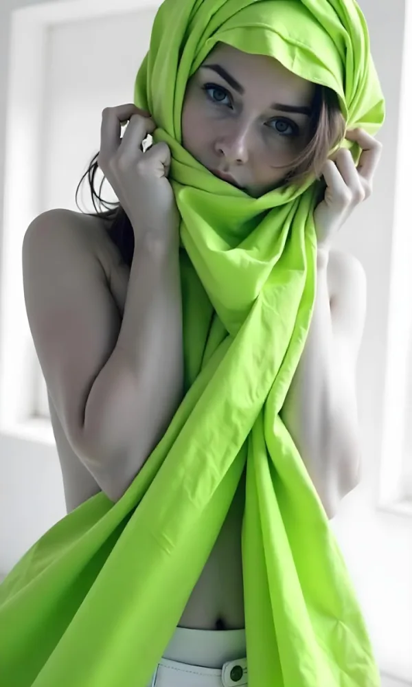 Caucasian Woman Age 25 With Brown Hair Partially Covered By A Vibrant Green Fabric In A Minimalist Gray And White Indoor Setting 29 10e9