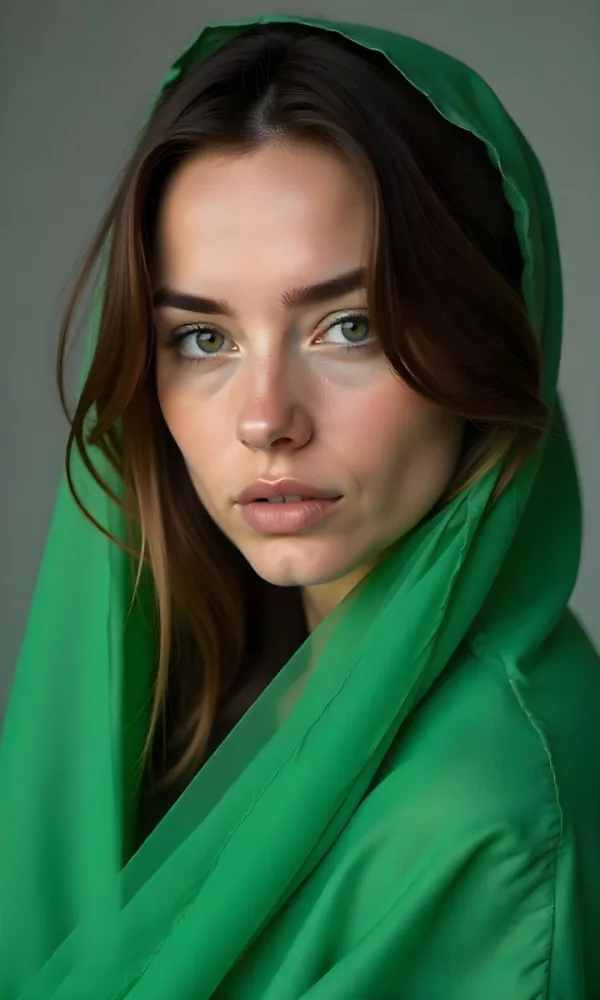 Caucasian Woman Age 25 With Brown Hair Partially Covered By A Vibrant Green Fabric In A Minimalist Gray And White Indoor Setting 30 81ca