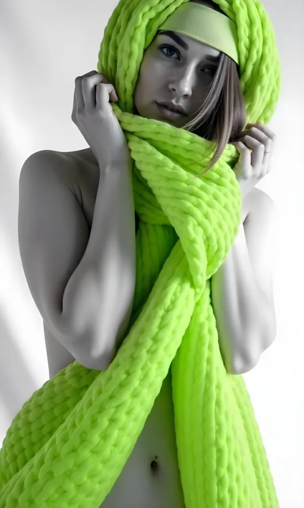 Caucasian Woman Age 25 With Brown Hair Partially Covered By A Vibrant Green Fabric In A Minimalist Gray And White Indoor Setting 33 2fd0