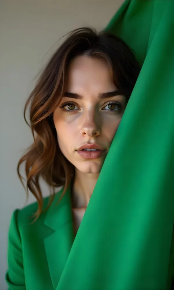 Caucasian Woman Age 25 With Brown Hair Partially Covered By A Vibrant Green Fabric In A Minimalist Gray And White Indoor Setting 34 47c8