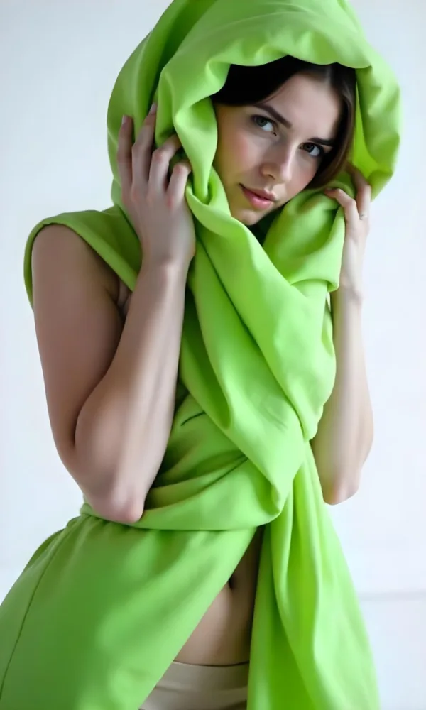 Caucasian Woman Age 25 With Brown Hair Partially Covered By A Vibrant Green Fabric In A Minimalist Gray And White Indoor Setting 35 5d00