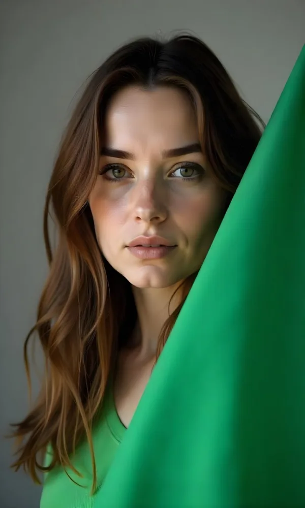 Caucasian Woman Age 25 With Brown Hair Partially Covered By A Vibrant Green Fabric In A Minimalist Gray And White Indoor Setting 36 Aef7