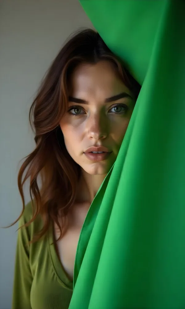 Caucasian Woman Age 25 With Brown Hair Partially Covered By A Vibrant Green Fabric In A Minimalist Gray And White Indoor Setting 37 B83b