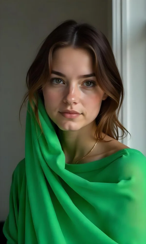Caucasian Woman Age 25 With Brown Hair Partially Covered By A Vibrant Green Fabric In A Minimalist Gray And White Indoor Setting 38 00d6