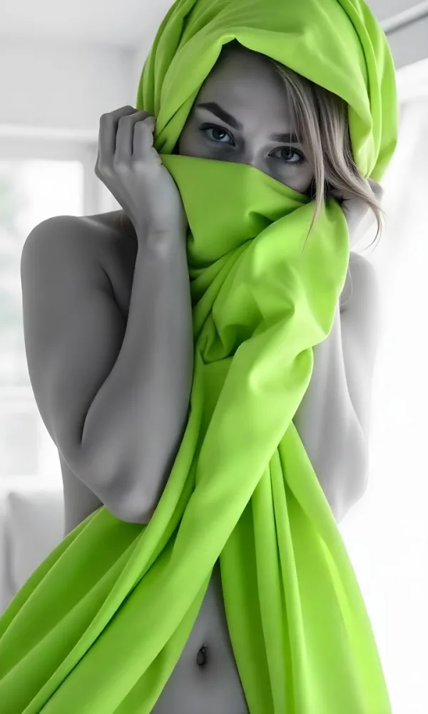 Caucasian Woman Age 25 With Brown Hair Partially Covered By A Vibrant Green Fabric In A Minimalist Gray And White Indoor Setting 6 3449