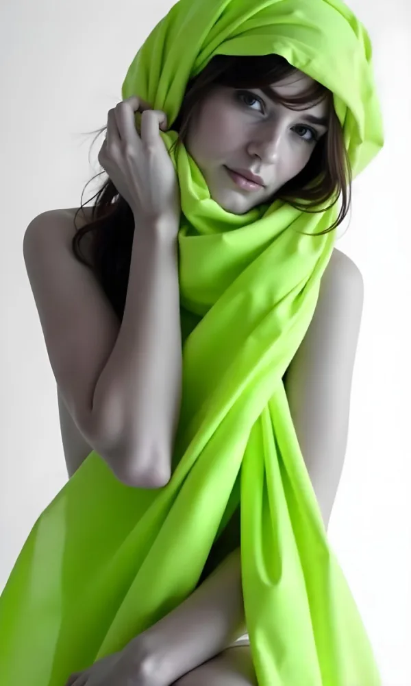 Caucasian Woman Age 25 With Brown Hair Partially Covered By A Vibrant Green Fabric In A Minimalist Gray And White Indoor Setting 9 Ed55