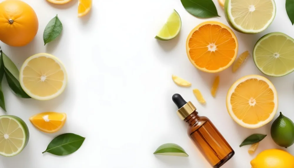 Citrus Fruits Including Orange Slices Lemon Slices And Limes Along With A Glass Bottle Of Essential Oil Or Serum On A White Background 1 F921