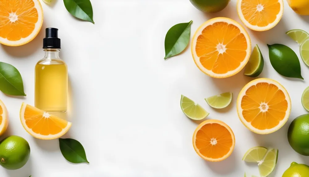 Citrus Fruits Including Orange Slices Lemon Slices And Limes Along With A Glass Bottle Of Essential Oil Or Serum On A White Background 11 Fc24
