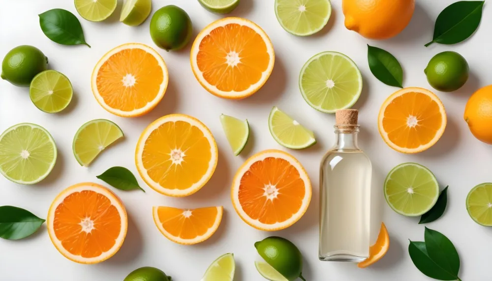 Citrus Fruits Including Orange Slices Lemon Slices And Limes Along With A Glass Bottle Of Essential Oil Or Serum On A White Background 12 8670