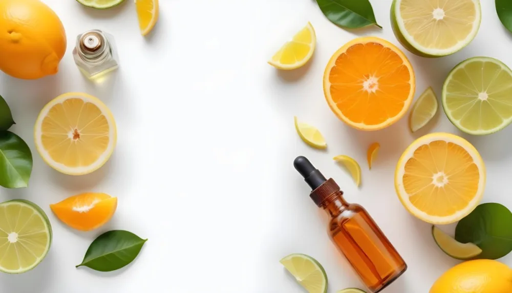 Citrus Fruits Including Orange Slices Lemon Slices And Limes Along With A Glass Bottle Of Essential Oil Or Serum On A White Background 15 8c3e
