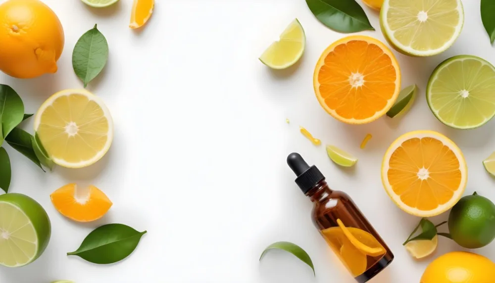 Citrus Fruits Including Orange Slices Lemon Slices And Limes Along With A Glass Bottle Of Essential Oil Or Serum On A White Background 16 Feaf