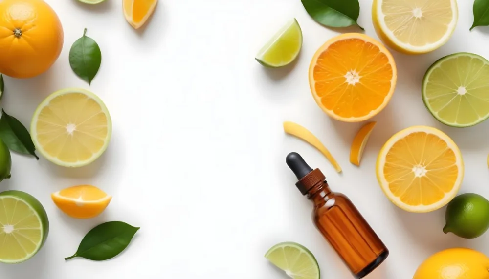 Citrus Fruits Including Orange Slices Lemon Slices And Limes Along With A Glass Bottle Of Essential Oil Or Serum On A White Background 18 9f6c