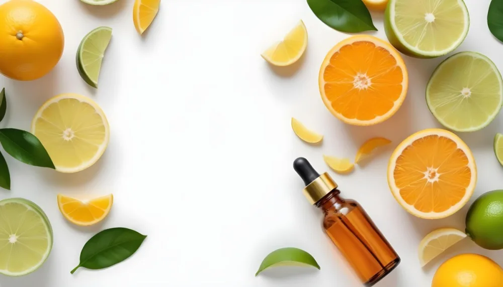Citrus Fruits Including Orange Slices Lemon Slices And Limes Along With A Glass Bottle Of Essential Oil Or Serum On A White Background 19 Ef63