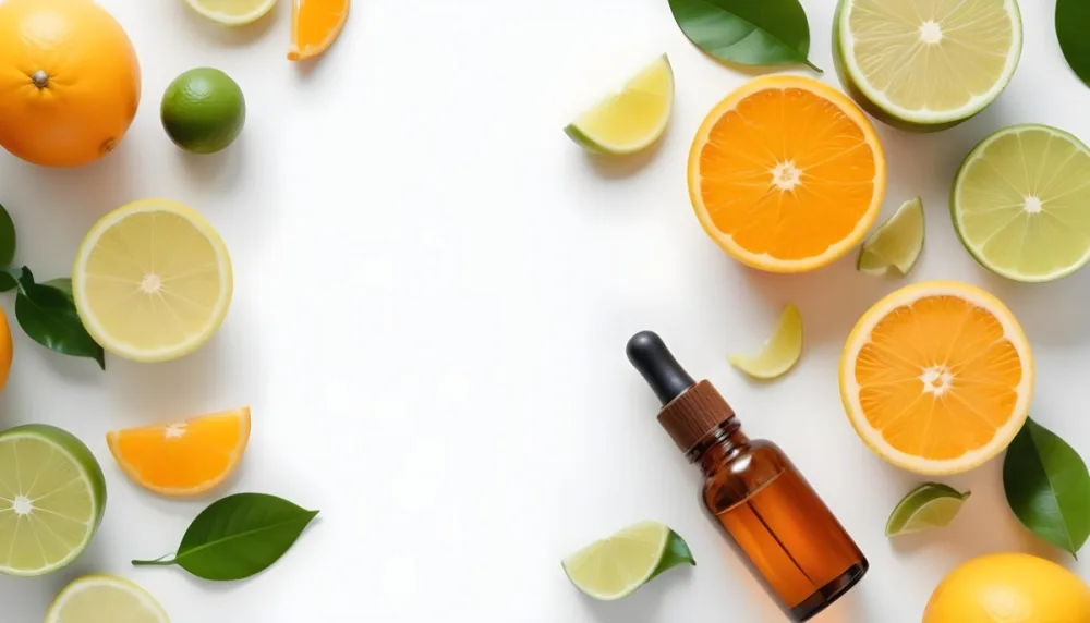 Citrus Fruits Including Orange Slices Lemon Slices And Limes Along With A Glass Bottle Of Essential Oil Or Serum On A White Background 20 60a8
