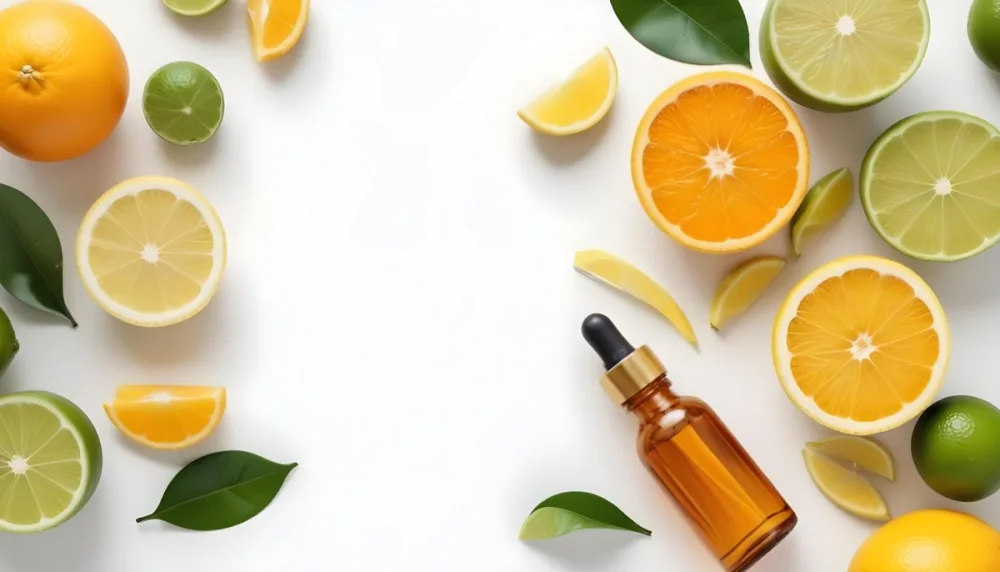 Citrus Fruits Including Orange Slices Lemon Slices And Limes Along With A Glass Bottle Of Essential Oil Or Serum On A White Background 22 2d72