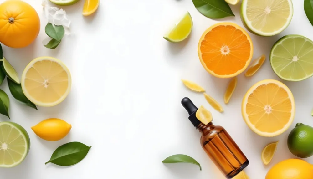 Citrus Fruits Including Orange Slices Lemon Slices And Limes Along With A Glass Bottle Of Essential Oil Or Serum On A White Background 25 E41c