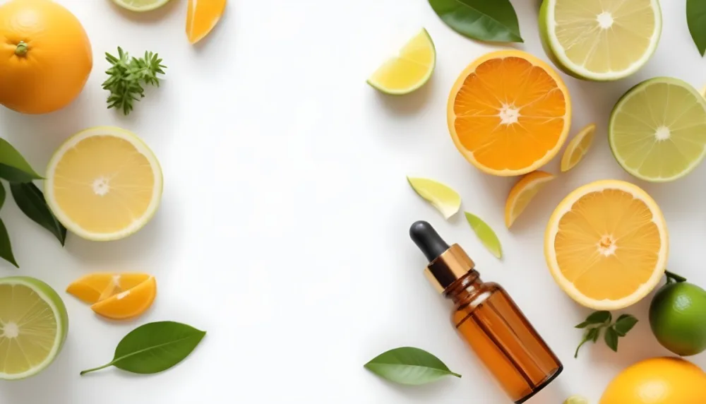 Citrus Fruits Including Orange Slices Lemon Slices And Limes Along With A Glass Bottle Of Essential Oil Or Serum On A White Background 26 6a8b