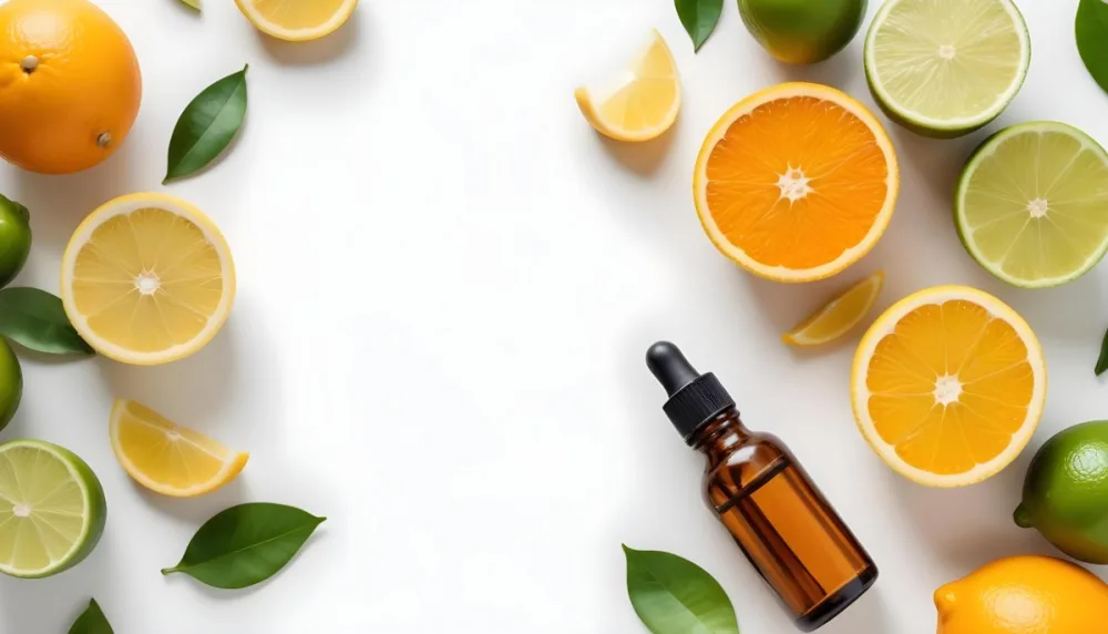 Citrus Fruits Including Orange Slices Lemon Slices And Limes Along With A Glass Bottle Of Essential Oil Or Serum On A White Background 28 9fe8