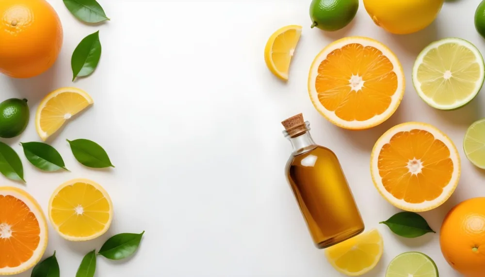 Citrus Fruits Including Orange Slices Lemon Slices And Limes Along With A Glass Bottle Of Essential Oil Or Serum On A White Background 6 5d36