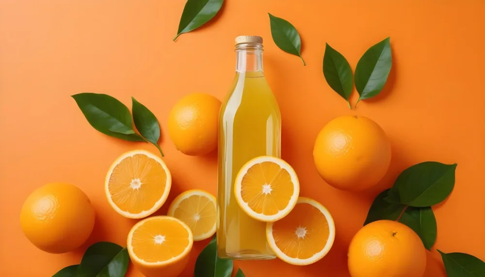 Citrus Fruits Including Oranges Lemons And A Glass Bottle