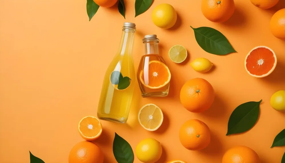 Citrus Fruits Including Oranges Lemons And A Glass Bottle With A Liquid Surrounded By Green Leaves 11 7acb