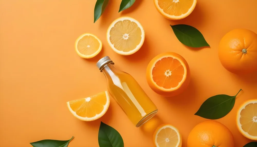 Citrus Fruits Including Oranges Lemons And A Glass Bottle With A Liquid Surrounded By Green Leaves 12 44f9