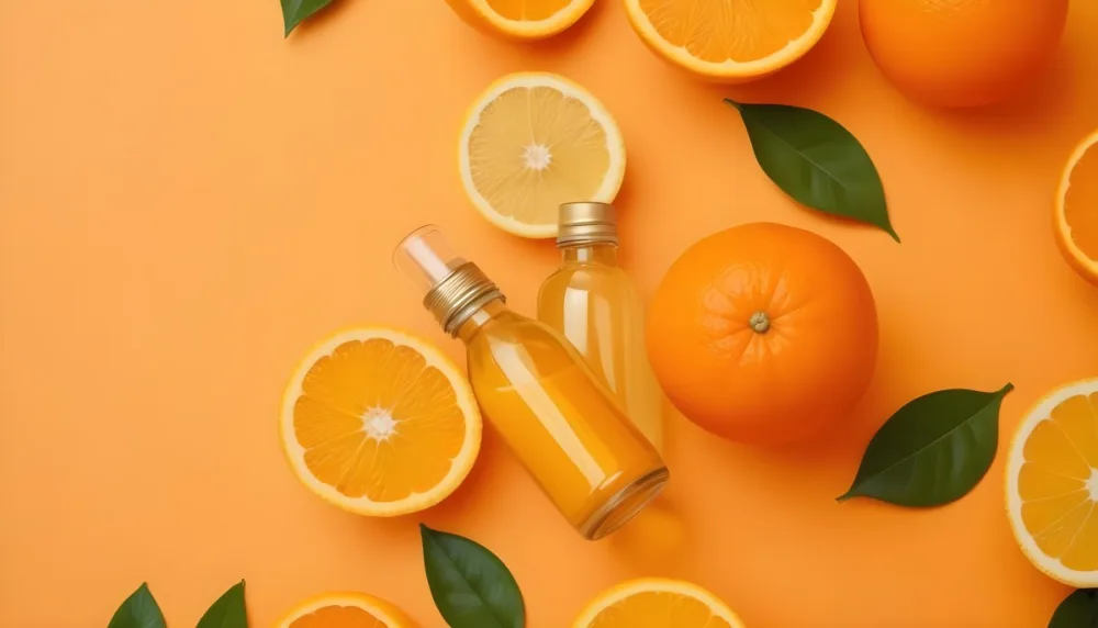 Citrus Fruits Including Oranges Lemons And A Glass Bottle With A Liquid Surrounded By Green Leaves 13 349e