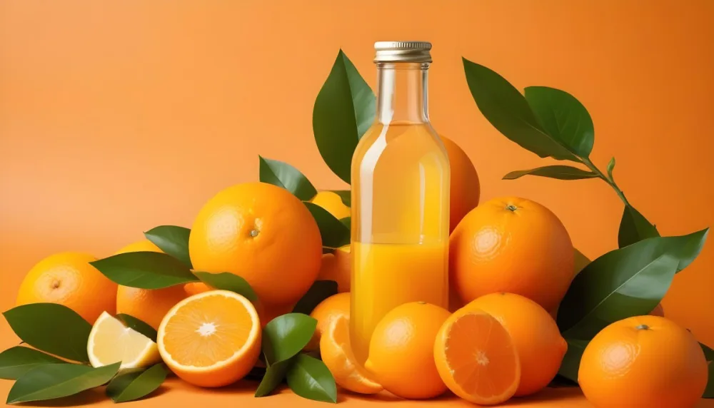 Citrus Fruits Including Oranges Lemons And A Glass Bottle With A Liquid Surrounded By Green Leaves 2 8ed5