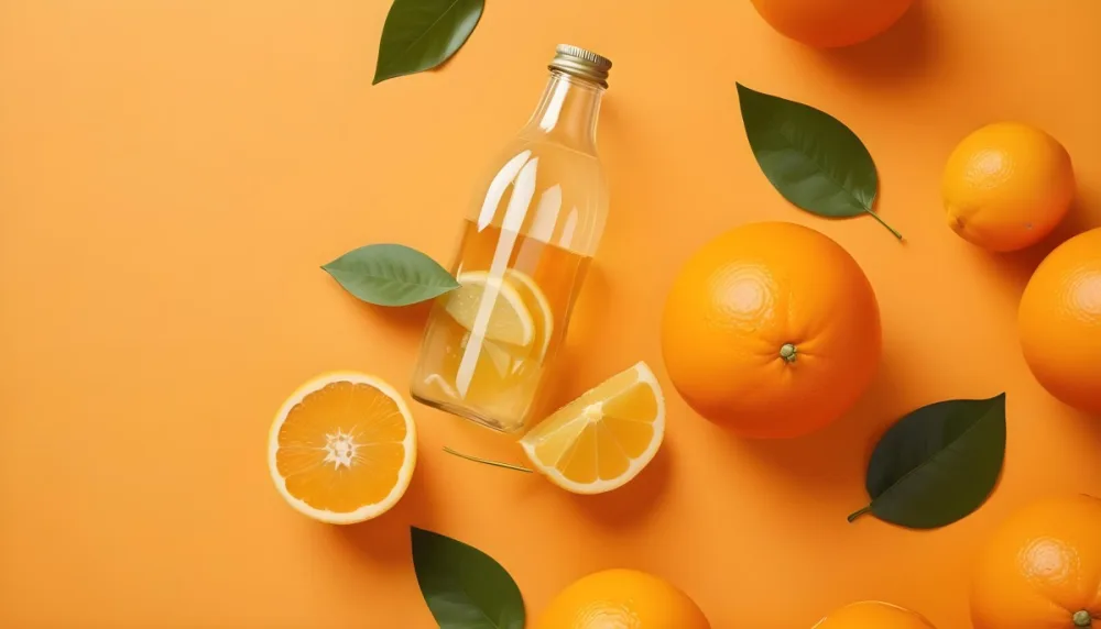 Citrus Fruits Including Oranges Lemons And A Glass Bottle With A Liquid Surrounded By Green Leaves 3 Aa70