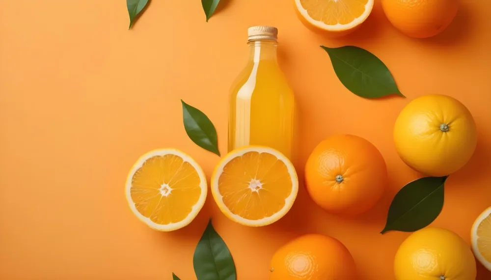 Citrus Fruits Including Oranges Lemons And A Glass Bottle With A Liquid Surrounded By Green Leaves 4 9919