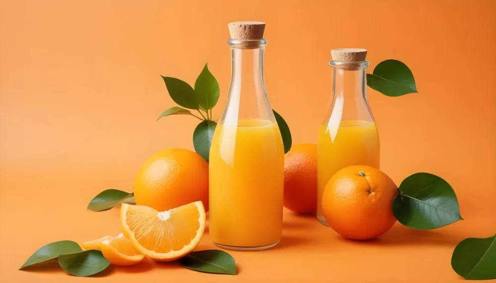 Citrus Fruits Including Oranges Lemons And A Glass Bottle With A Liquid Surrounded By Green Leaves 5 33b2