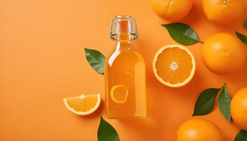 Citrus Fruits Including Oranges Lemons And A Glass Bottle With A Liquid Surrounded By Green Leaves 6 82be