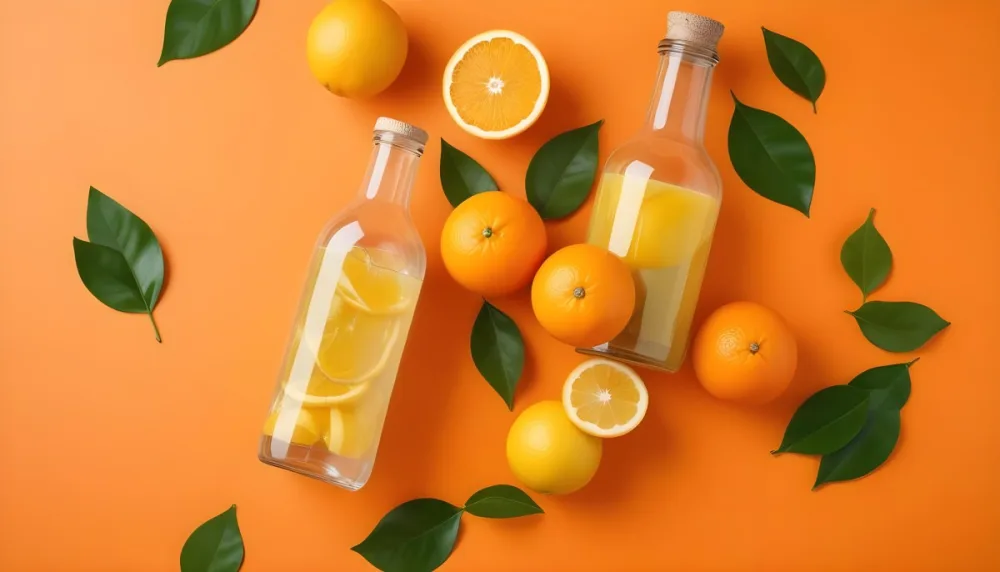 Citrus Fruits Including Oranges Lemons And A Glass Bottle With A Liquid Surrounded By Green Leaves 7 539a