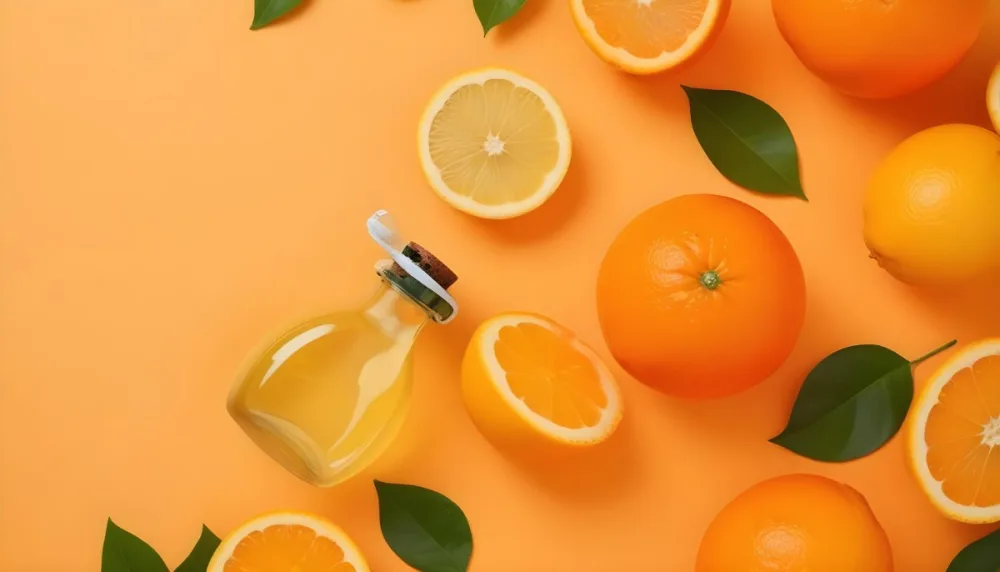 Citrus Fruits Including Oranges Lemons And A Glass Bottle With A Liquid Surrounded By Green Leaves 9 904b