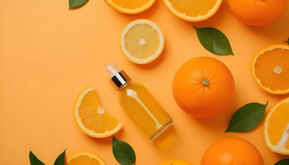 Citrus Fruits Including Oranges Lemons And A Glass Bottle With A Liquid Surrounded By Green Leaves On A Orange Background 17 Df7b