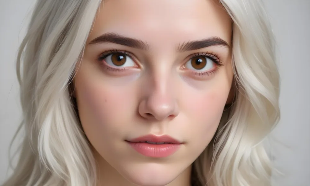 Close Up Of A 25 Year Old White Woman With Brown Eyes And White Hair In A Studio 26 55b3