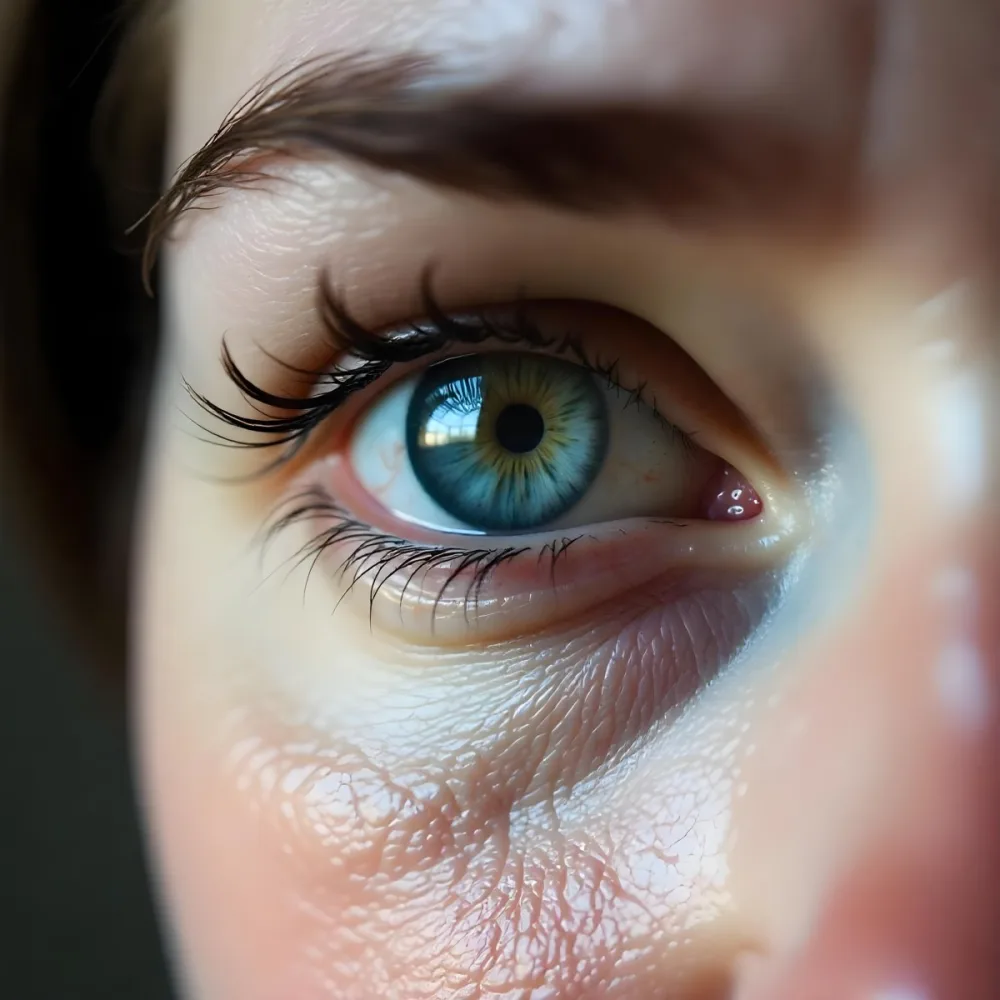 Close Up Of A Caucasian Woman S Eye Around 25 Years Old With Tears Falling Detailed Iris Red Veins And Fair Skin In A White Background 7 524f