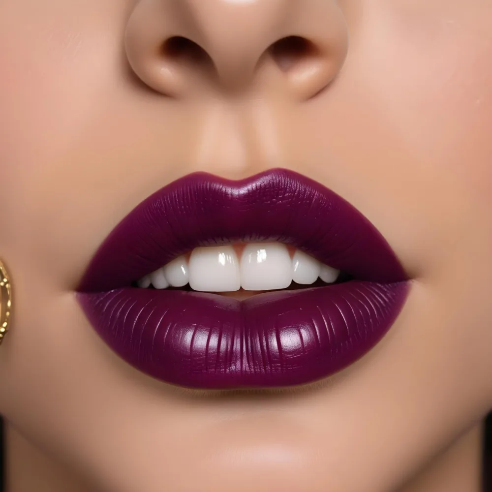 Close Up Of A Pair Of Lips With A Glossy Deep Purple Lipstick The Lips Are Slightly Parted Revealing White Teeth A Decorative Gold Septum Ring Is Positioned In The Center Above The Lips The Background Is Neutral And 16 14fd