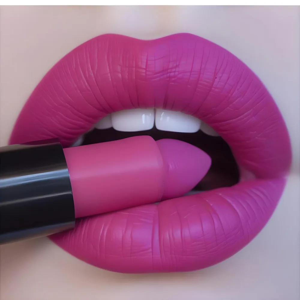 Close Up Of A Pair Of Lips With A Vibrant Matte Fuchsia Lipstick Being Applied The Lips Are Full With Visible Texture A Lipstick Bullet In A Similar Shade Is Positioned Against The Lips Emphasizing The Makeup Applic 14 A109