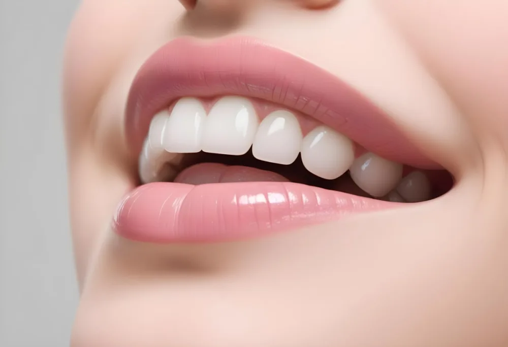 Close Up Of A White Woman With Pink Lips And White Teeth Light Skin In A White Background 6 D538