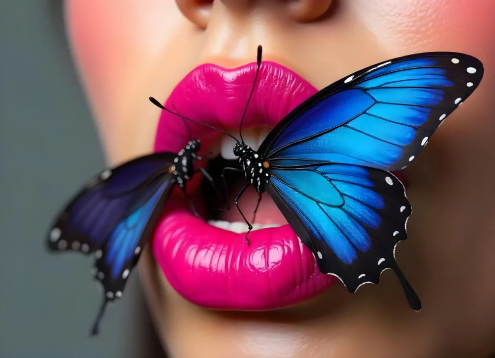 Close Up Of A Woman S Bright Red Lips With A Vibrant Blue Butterfly Resting On Them 14 07c2