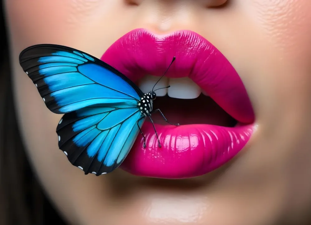 Close Up Of A Woman S Bright Red Lips With A Vibrant Blue Butterfly Resting On Them 5 Fbea