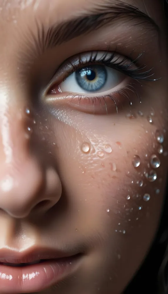 Close Up Of A Woman S Eye With Water Droplets On The Skin And Skin In A Bright Light Setting With A Blurred Background 7 048c