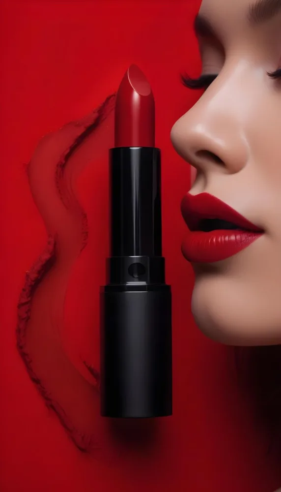 Close Up Of A Woman S Lips Wearing A Bold Red Lipstick With A Lipstick Tube In The Background Against A Red Backdrop 4 Cc18