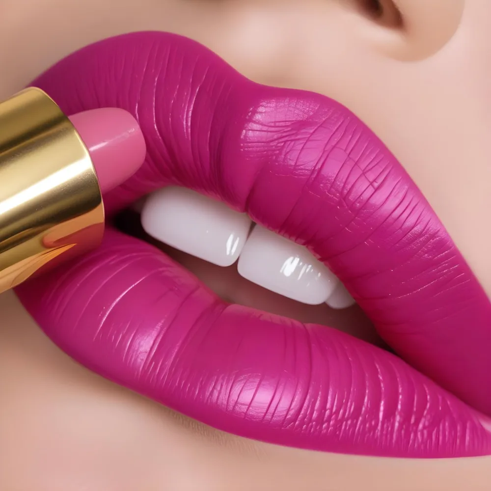 Close Up Of A Woman S Lips With A Bold Fuchsia Lipstick The Lips Are Well Defined And Glossy Showcasing A Smooth Texture A Hand Holding A Gold Lipstick Tube Is Visible With The Brand Logo Facing Up The Background Is 11 E39d