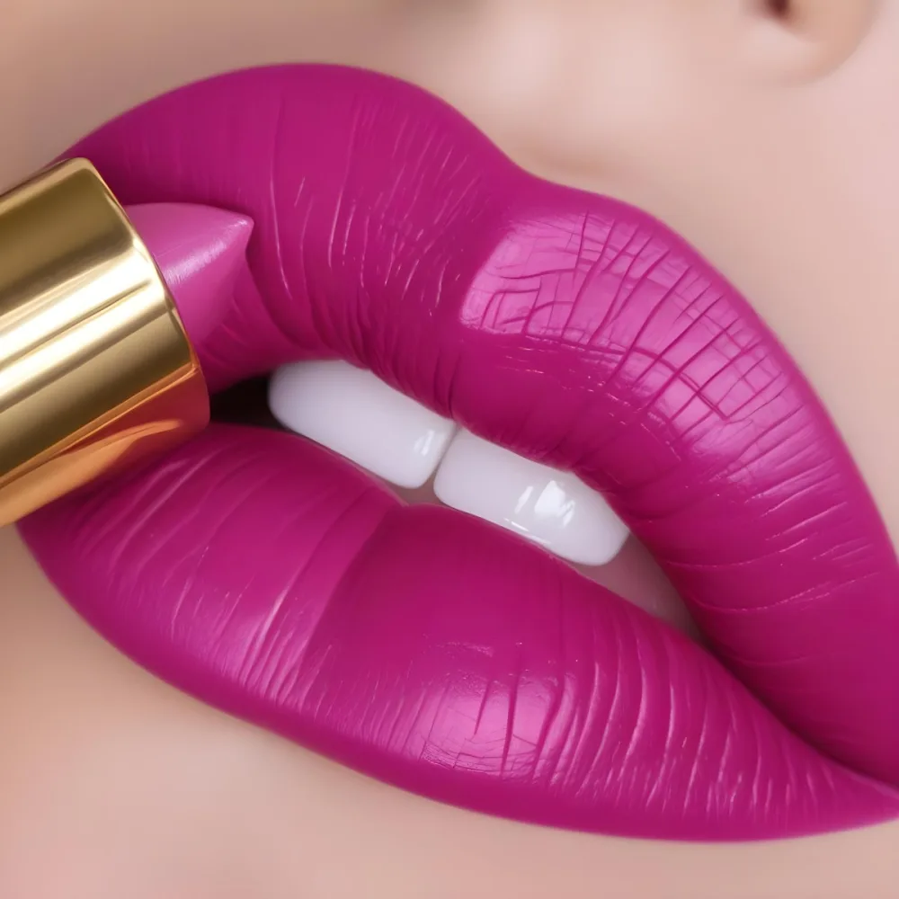 Close Up Of A Woman S Lips With A Bold Fuchsia Lipstick The Lips Are Well Defined And Glossy Showcasing A Smooth Texture A Hand Holding A Gold Lipstick Tube Is Visible With The Brand Logo Facing Up The Background Is 14 A575