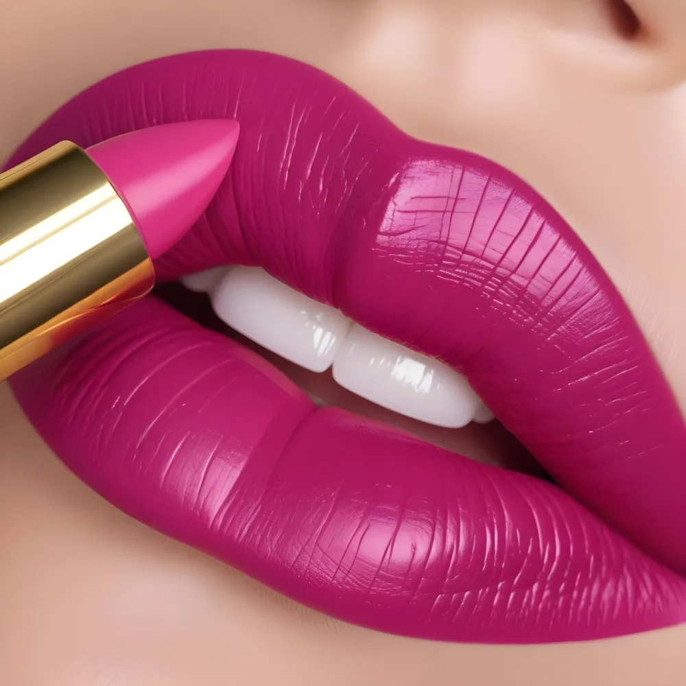 Close Up Of A Woman S Lips With A Bold Fuchsia Lipstick The Lips Are Well Defined And Glossy Showcasing A Smooth Texture A Hand Holding A Gold Lipstick Tube Is Visible With The Brand Logo Facing Up The Background Is 17 57ad
