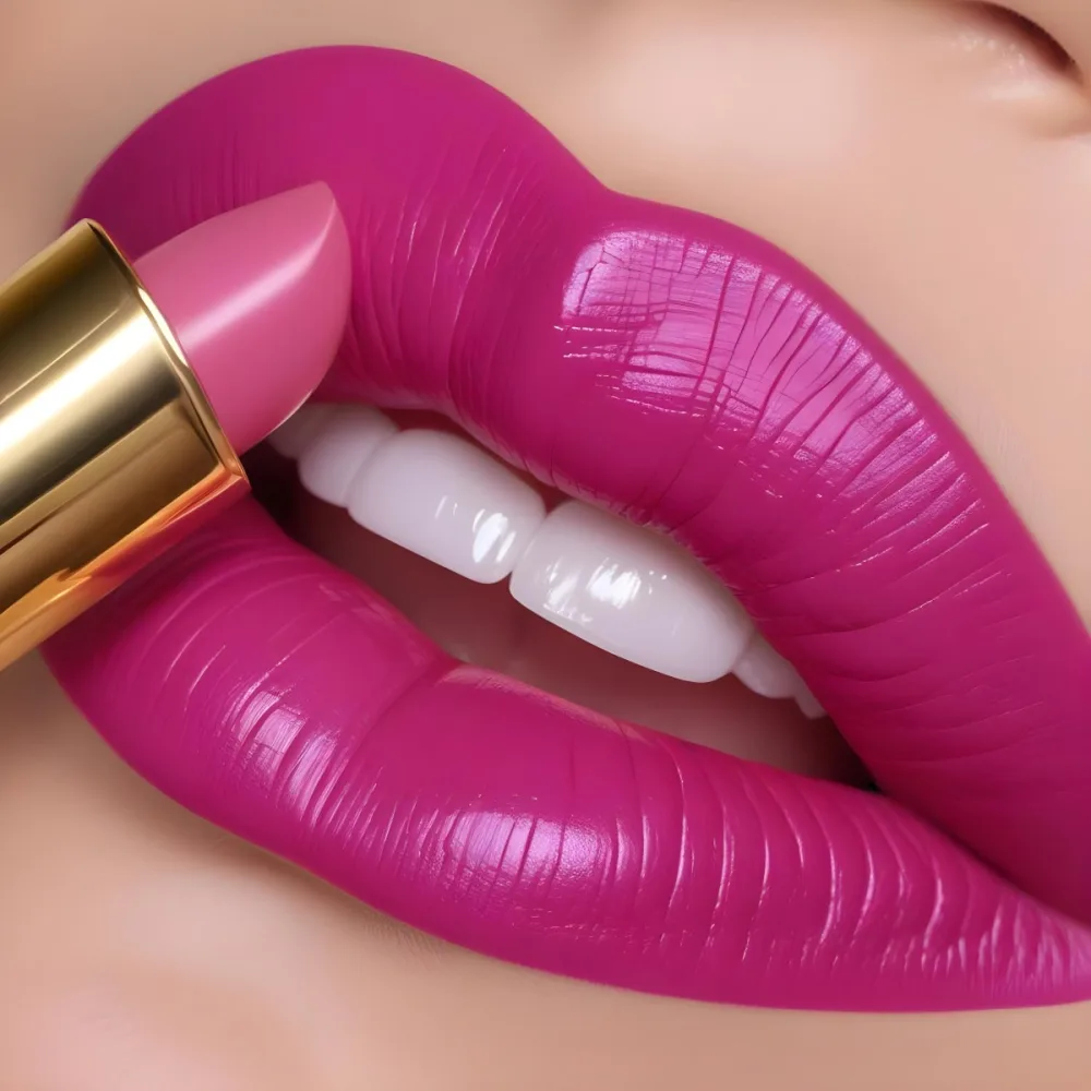 Close Up Of A Woman S Lips With A Bold Fuchsia Lipstick The Lips Are Well Defined And Glossy Showcasing A Smooth Texture A Hand Holding A Gold Lipstick Tube Is Visible With The Brand Logo Facing Up The Background Is 19 52ea