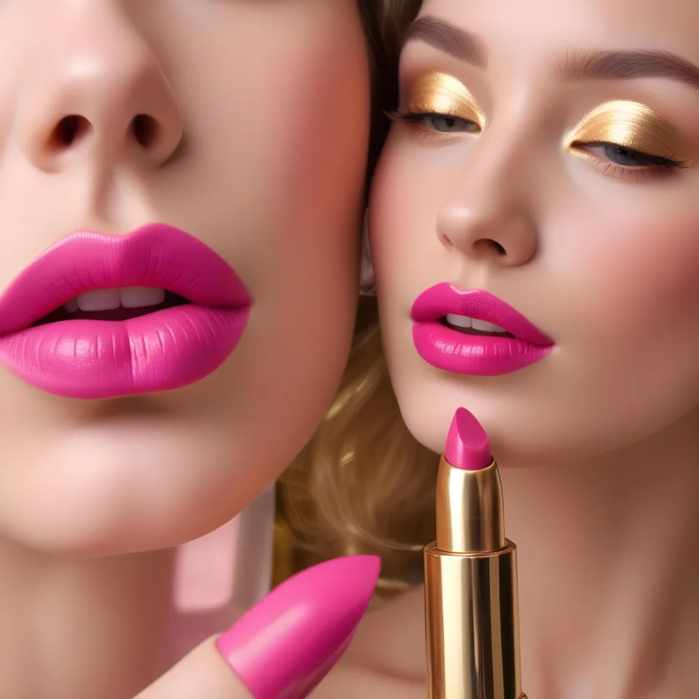 Close Up Of A Woman S Lips With A Bold Fuchsia Lipstick The Lips Are Well Defined And Glossy Showcasing A Smooth Texture A Hand Holding A Gold Lipstick Tube Is Visible With The Brand Logo Facing Up The Background Is 28 A2e6