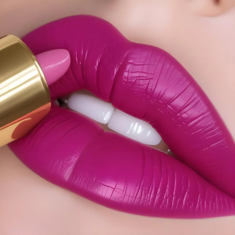 Close Up Of A Woman S Lips With A Bold Fuchsia Lipstick The Lips Are Well Defined And Glossy Showcasing A Smooth Texture A Hand Holding A Gold Lipstick Tube Is Visible With The Brand Logo Facing Up The Background Is 31 7745